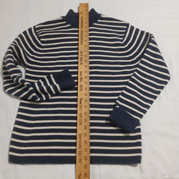 GAP Medium 100% Cotton Mock-Neck Blue/Cream Striped Tunic Sweater Ribbed Cuff - Picture 9 of 13
